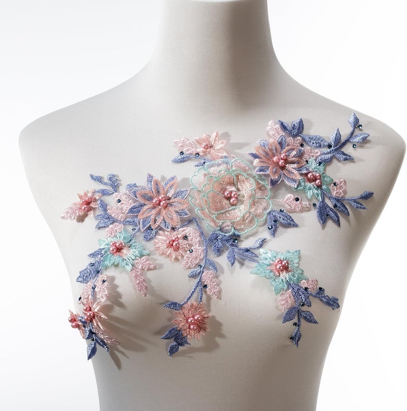 Silvora 3D Embroidered Flower Fabric Beaded Pearl Lace Applique, Handmade Sewing Tool for DIY Wedding Bridal Dress Floral Costume Patch Decor(Blue) - Image 1
